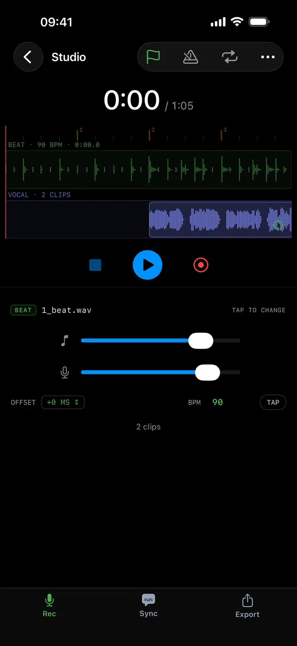 The Studio: beat waveform, vocal clips, play and record buttons